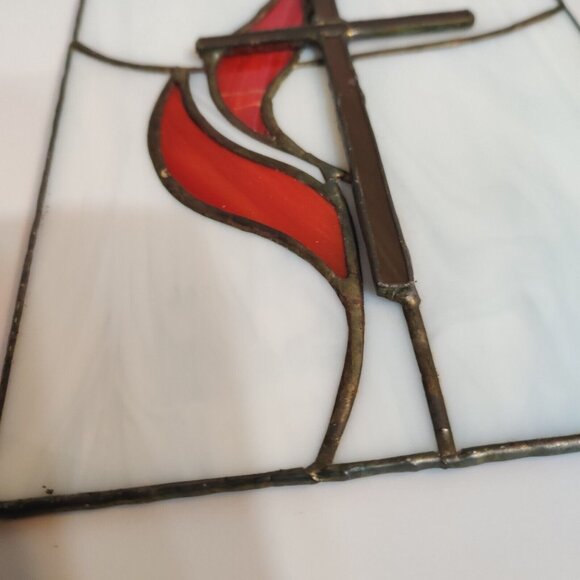 Cross And Flame Stained Glass Window Hanging Sun Catcher 8x6” - Picture 9 of 11